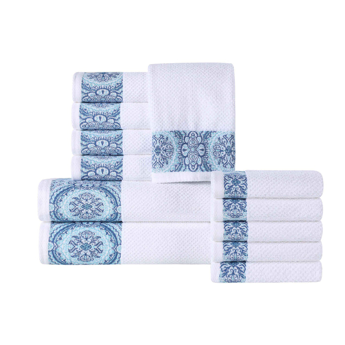 Medallion Cotton Jacquard Textured 12 Piece Assorted Towel Set - Aqua