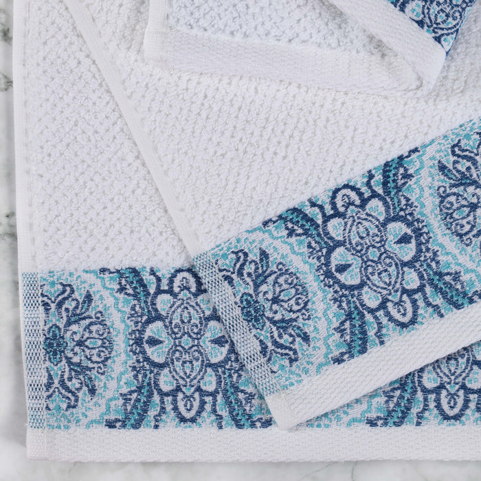 Medallion Cotton Jacquard Textured Face Towels/ Washcloths, Set of 12 - Aqua