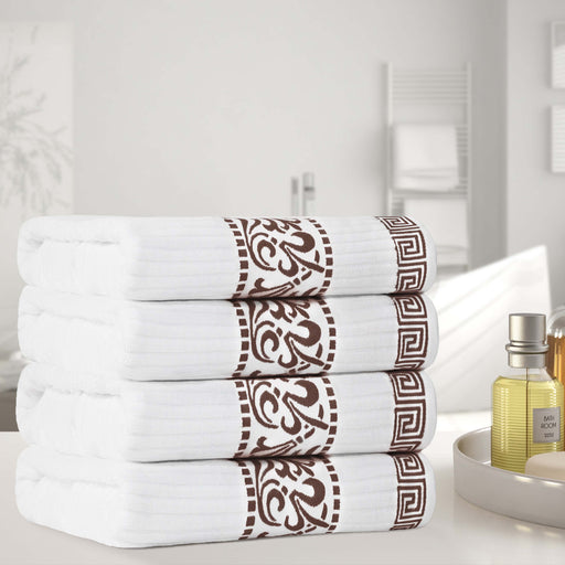 Athens Cotton Greek Scroll and Floral 4 Piece Assorted Bath Towel Set - White/Chocolate