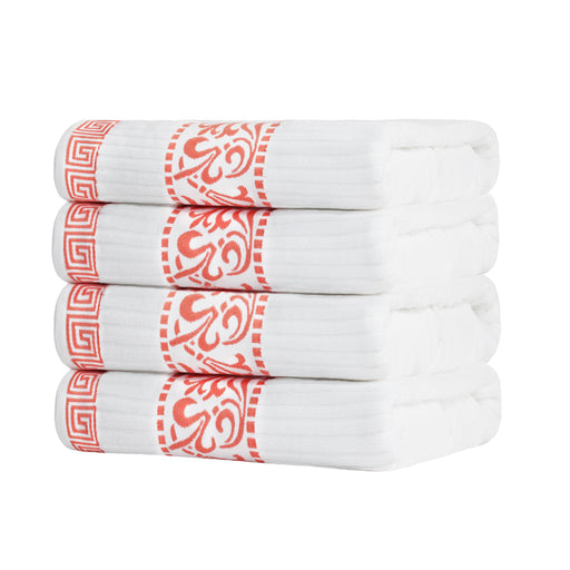 Athens Cotton Greek Scroll and Floral 4 Piece Assorted Bath Towel Set - White/Coral