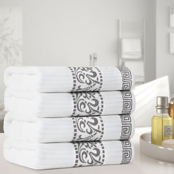 Athens Cotton Greek Scroll and Floral 4 Piece Assorted Bath Towel Set - White/Grey