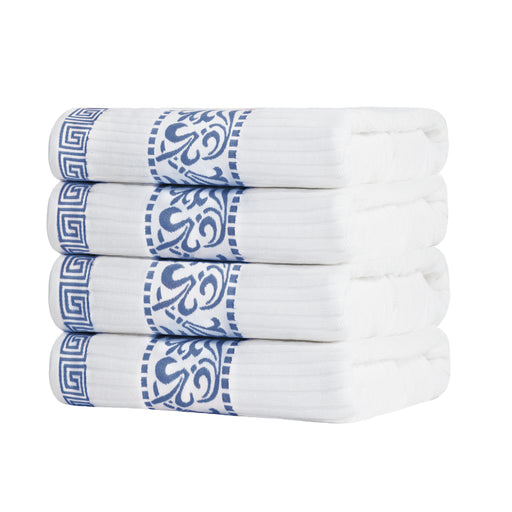 Athens Cotton Greek Scroll and Floral 4 Piece Assorted Bath Towel Set - White/ Navy Blue