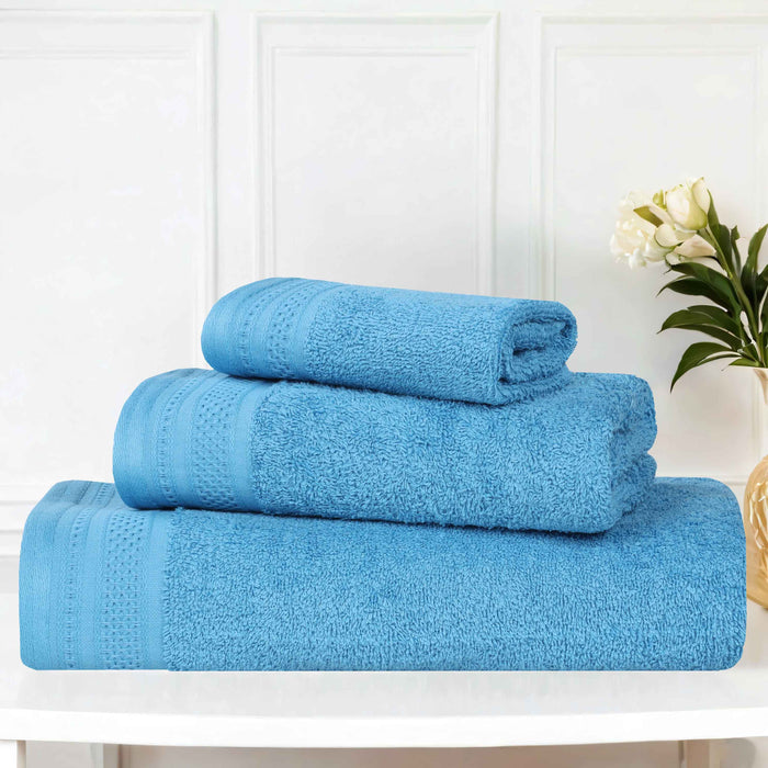 Honeycomb Textured Waffle Border Luxury Cotton 3 Piece Towel Set