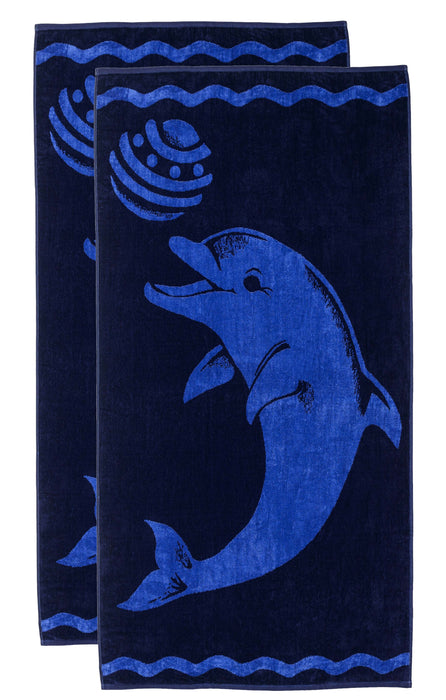 Play Dolphin Oversized Cotton 2 Piece Beach Towel Set - Blue