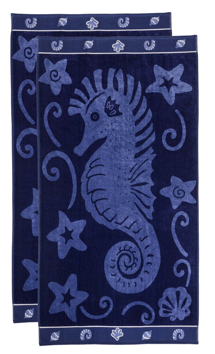 Sea Horse Oversized Cotton 2 Piece Beach Towel Set - Blue