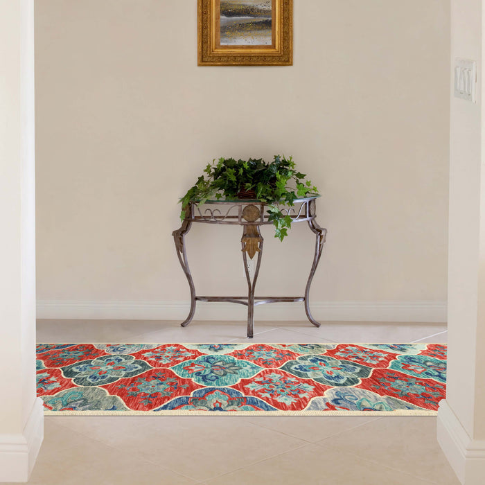 Geometric Floral Hand-Tufted Handmade Wool Indoor Area Rug Or Runner - Blue/Rust