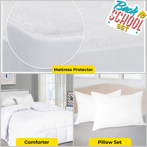 Comforter Mattress Protector Standard Pillows Bedding Set, Full/Queen - White
