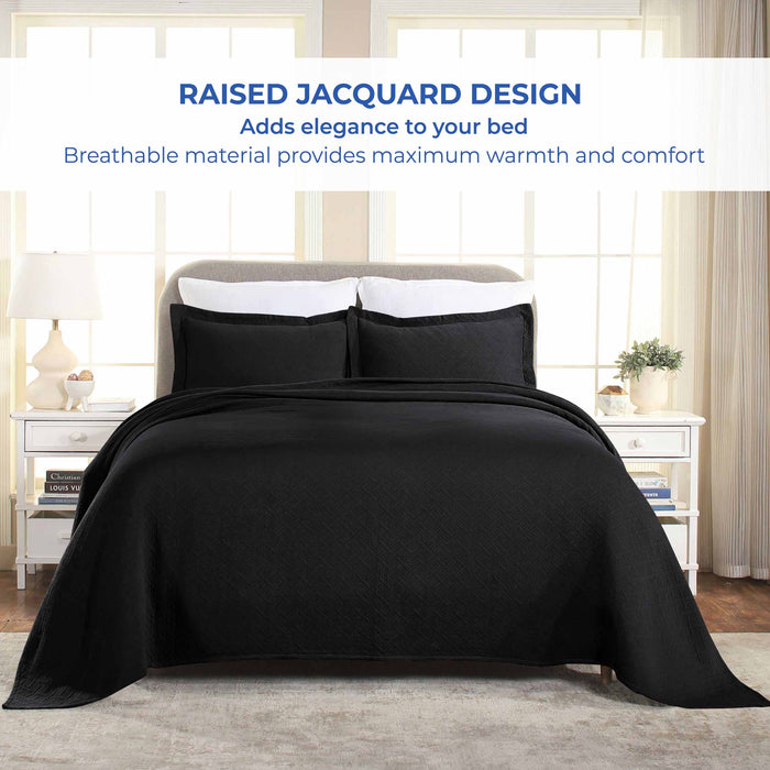 Basket Weave Matelasse Cotton Bedspread Set -  Black