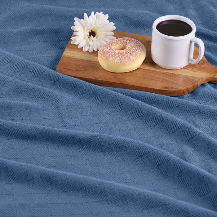 Basketweave All Season Cotton Bed Blanket & Sofa Throw - Denim Blue