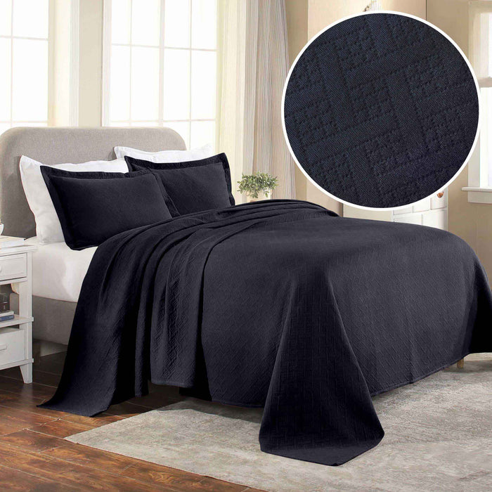 Basket Weave Matelasse Cotton Bedspread Set -  NavyBlue