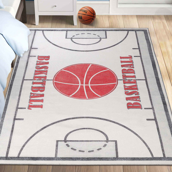 Basketball Court Playroom Non-Slip Kids Washable Indoor Area Rug - Ivory