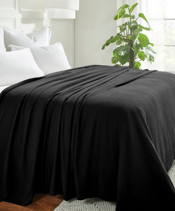 Textured Cotton Weave Solid Waffle Blanket or Throw - Black