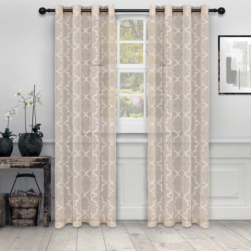 Embroidered Quatrefoil Sheer Grommet Curtain Set - Beige