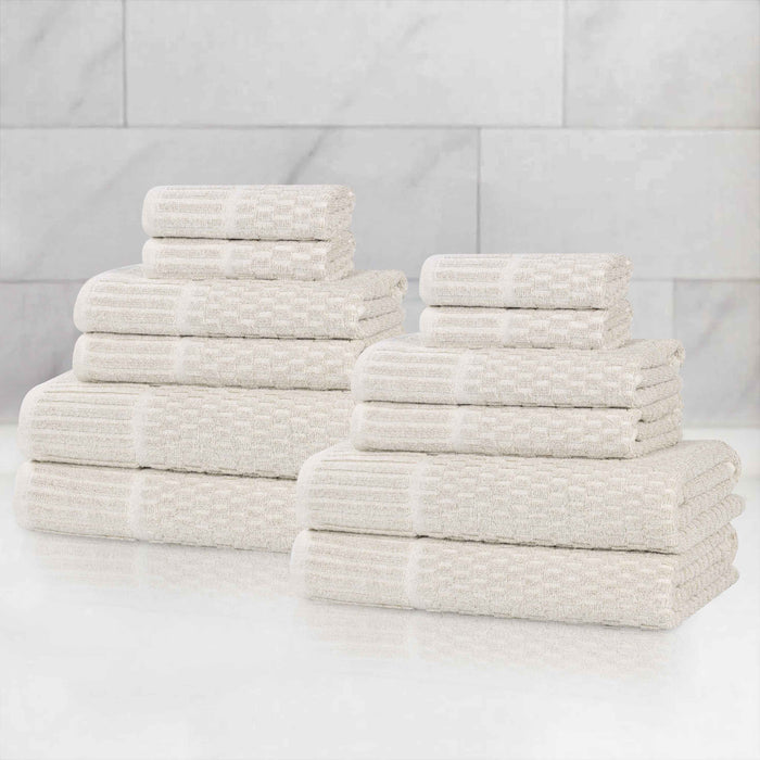 Juno Cotton Blend Medium Weight Checkered Border 12 Piece Towel Set