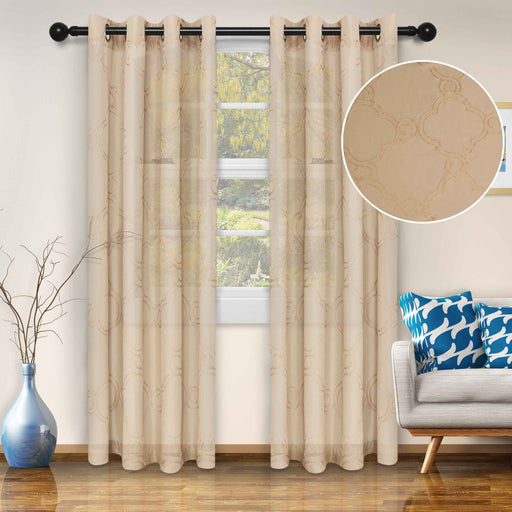 Embroidered Moroccan Sheer Grommet Curtain Set - Beige