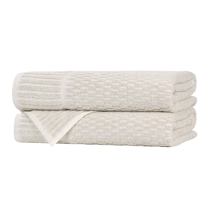 Juno Cotton Blend Medium Weight Checkered Border Bath Towels, Set of 2