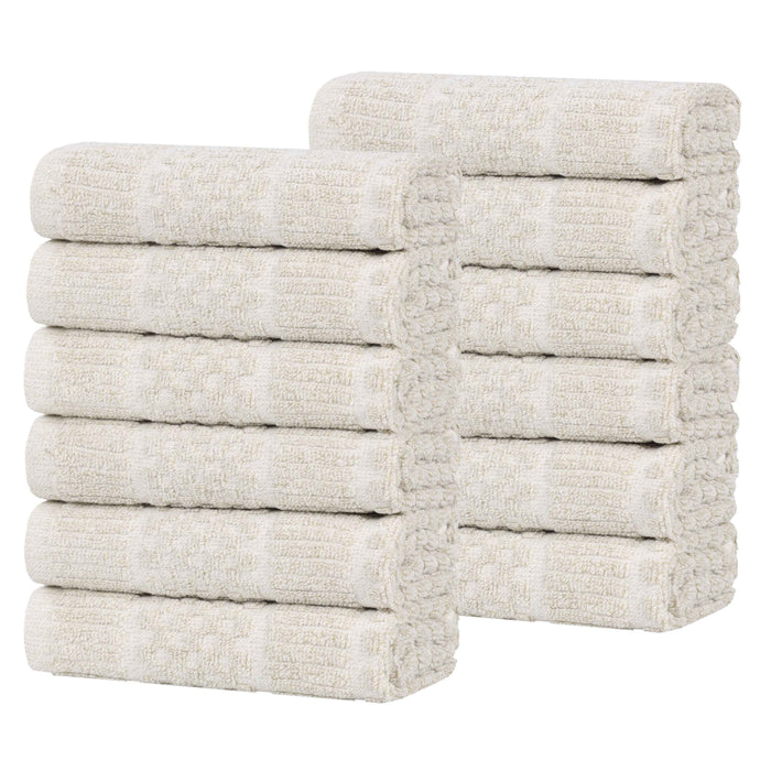 Naples Cotton Blend Checkered and Ribbed Face Towels, Set of 12