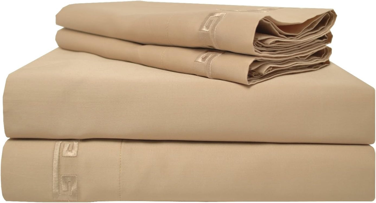 Serres 600-Thread Count 100% Egyptian Cotton Greek Key Pattern Mediumweight Sheet Set with Deep Pockets - Beige