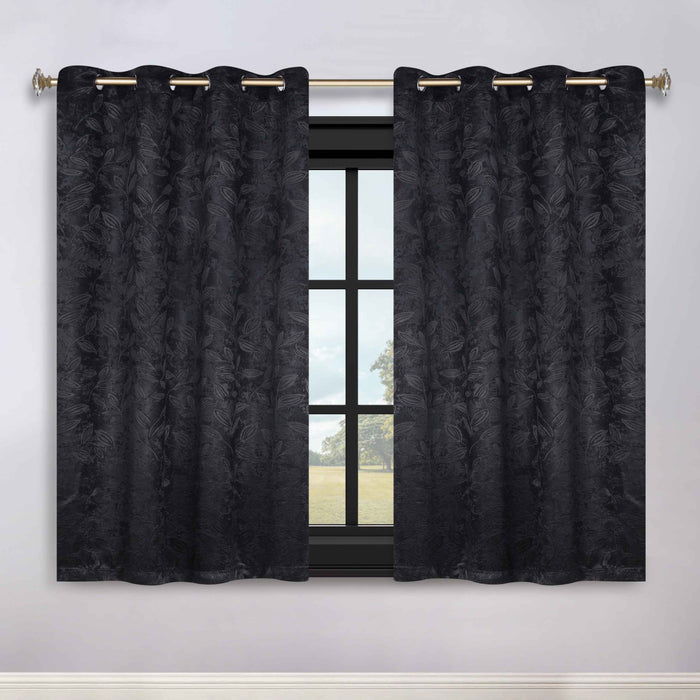 Leaves Grommet Room Darkening Blackout Curtains, Set of 2 - Black