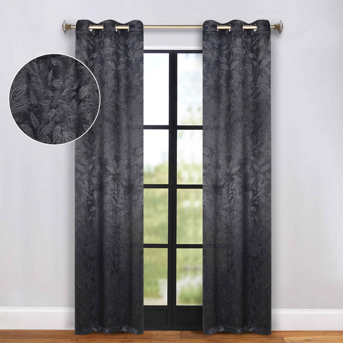 Leaves Grommet Room Darkening Blackout Curtains, Set of 2 - Black