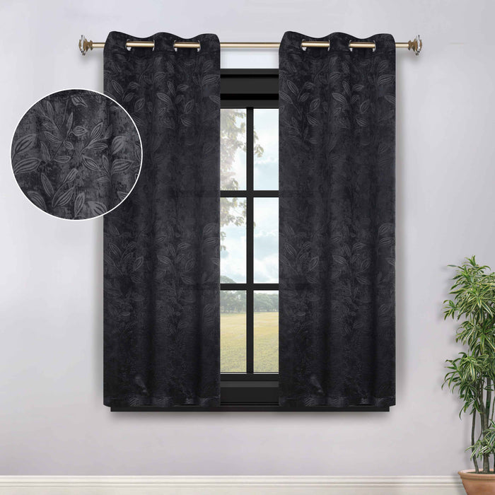 Leaves Grommet Room Darkening Blackout Curtains, Set of 2 - Black