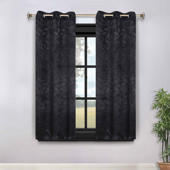 Leaves Grommet Room Darkening Blackout Curtains, Set of 2 - Black