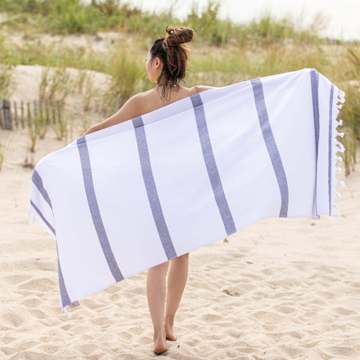 Tropical Cabana Stripe Fouta 4 Piece Beach Towel with Tassels - Black