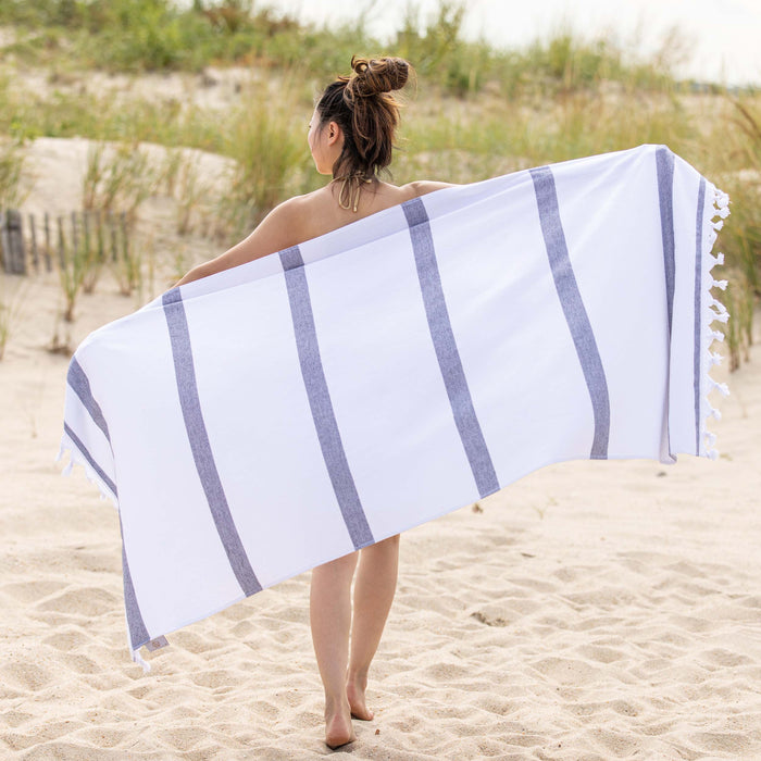 Tropical Cabana Stripe Fouta 4 Piece Beach Towel with Tassels - Black