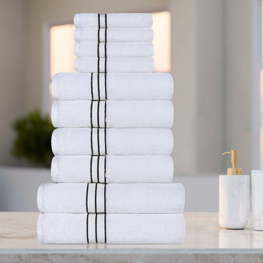 Turkish Cotton Ultra-Plush Solid 10-Piece Highly Absorbent Towel Set - White/Black