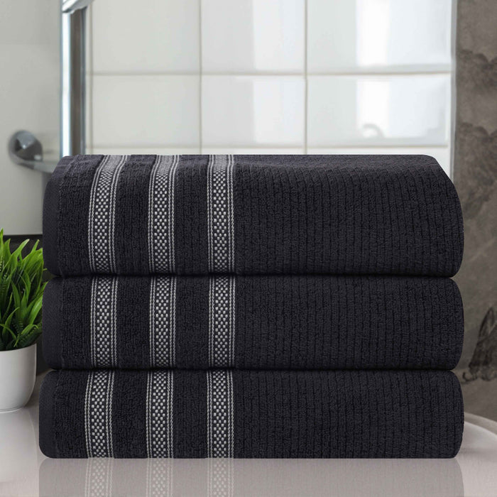 Zero Twist Cotton Ribbed Geometric Border Plush Bath Towel Set of 3