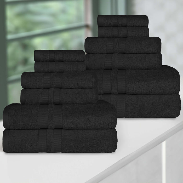 Ultra-Soft Cotton Absorbent Quick-Drying 12 Piece Assorted Towel Set - Black