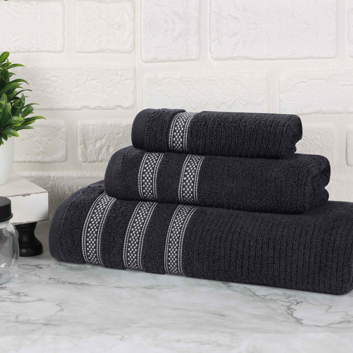 Zero Twist Cotton Ribbed Geometric Border Plush 3 Piece Towel Set