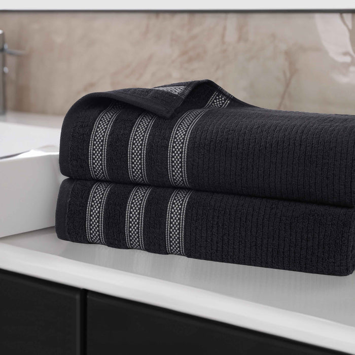 Zero Twist Cotton Ribbed Geometric Border Plush Bath Sheet Set of 2