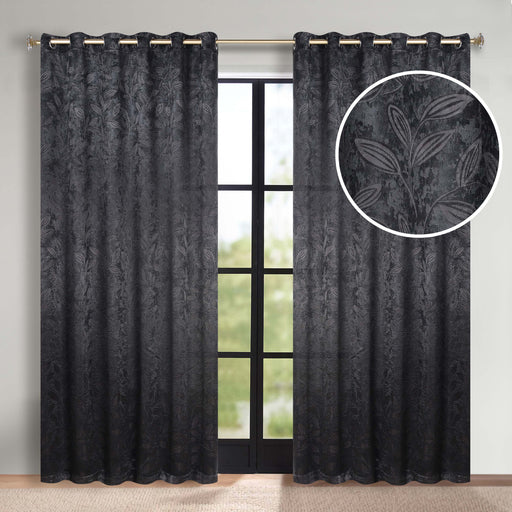 Leaves Grommet Room Darkening Blackout Curtains, Set of 2 - Black