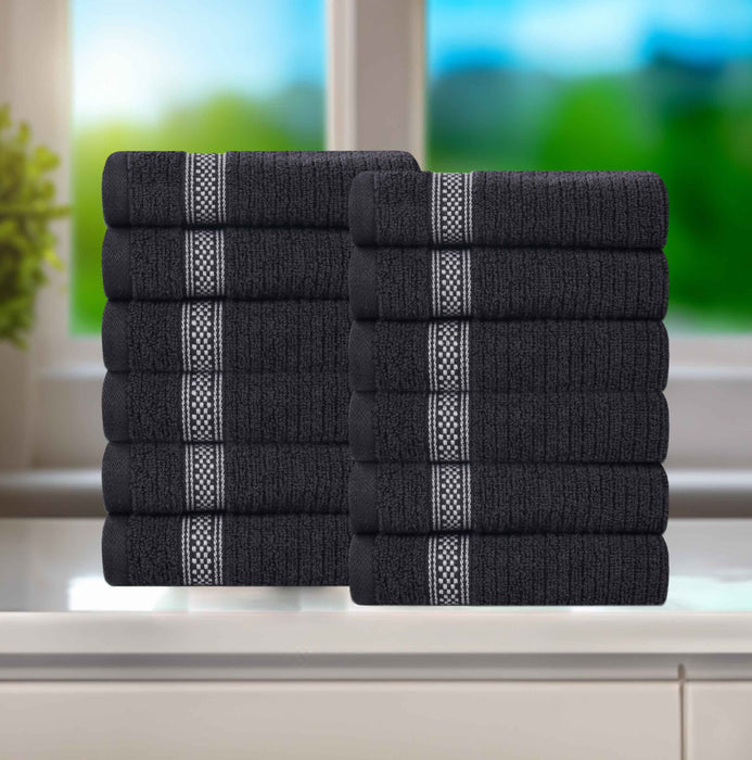 Zero Twist Cotton Ribbed Geometric Border Plush Face Towel Set of 12