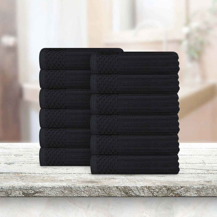 Soho Ribbed Textured Cotton Ultra-Absorbent Face Towel (Set of 12) - Black