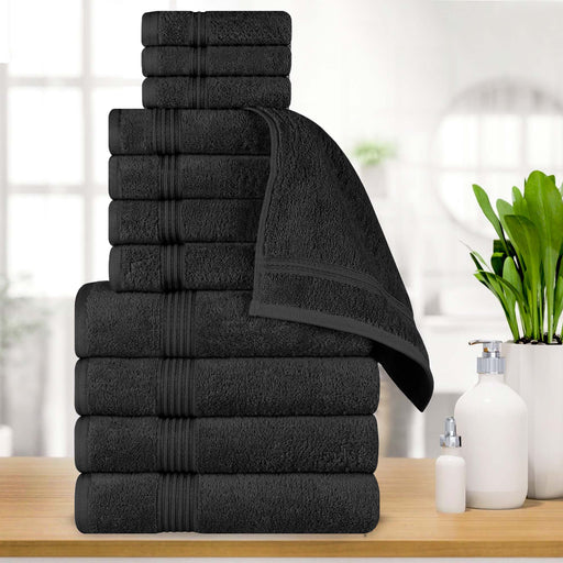 Egyptian Cotton Highly Absorbent Solid 12-Piece Ultra Soft Towel Set - Black