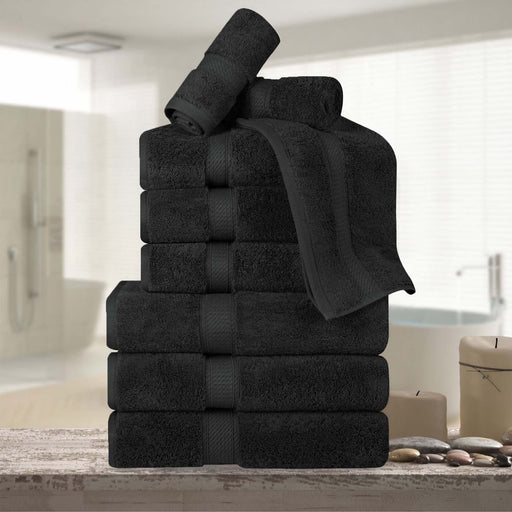Egyptian Cotton Pile Plush Heavyweight Absorbent 9 Piece Towel Set - Black