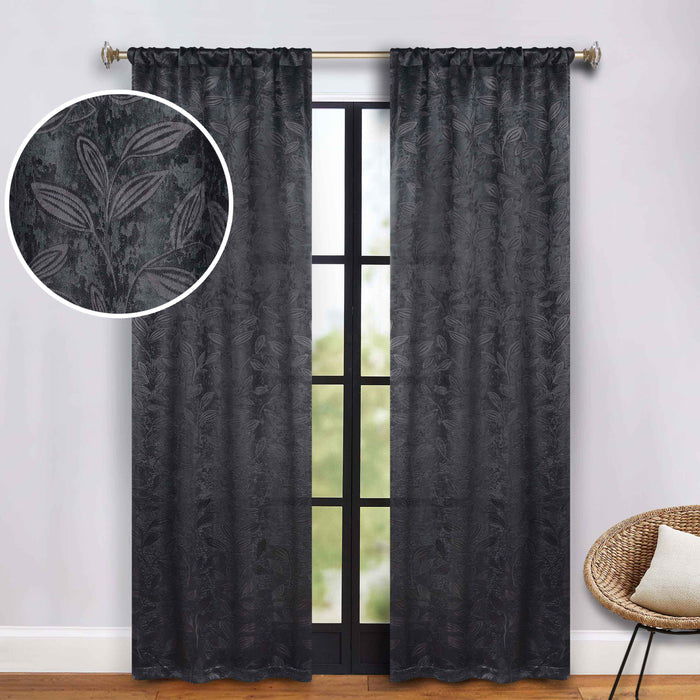 Leaves Rod Pocket Room Darkening Blackout Curtains, Set of 2