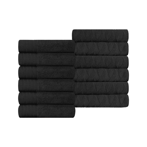 Turkish Cotton Jacquard Herringbone and Solid 12 Piece Face Towel Set - Black
