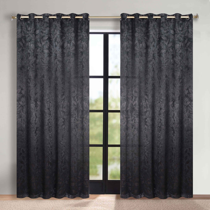 Leaves Grommet Room Darkening Blackout Curtains, Set of 2 - Black