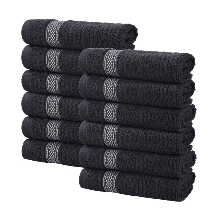 Zero Twist Cotton Ribbed Geometric Border Plush Face Towel Set of 12