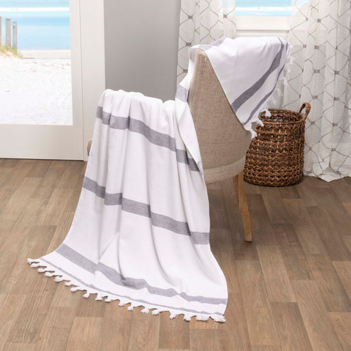 Tropical Cabana Stripe Fouta 4 Piece Beach Towel with Tassels - Black