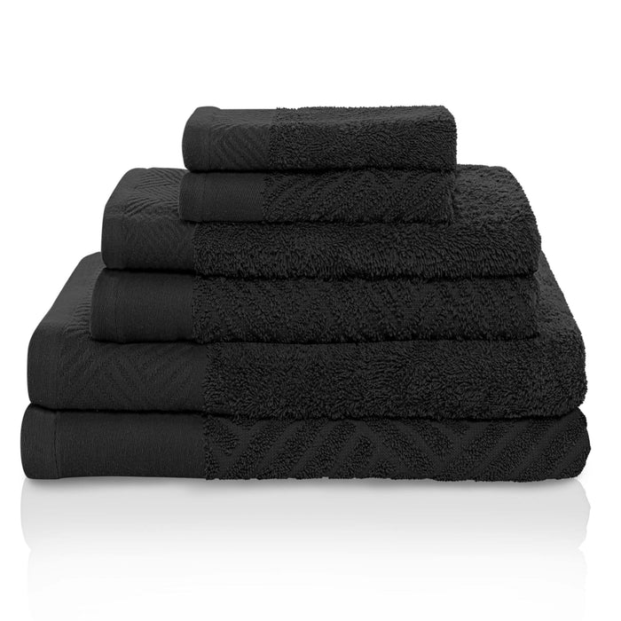 Basketweave Jacquard and Solid 6-Piece Egyptian Cotton Towel Set - Black