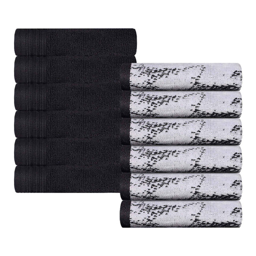 Cotton Quick-Drying Solid and Marble Face Towel Set of 12 - Black