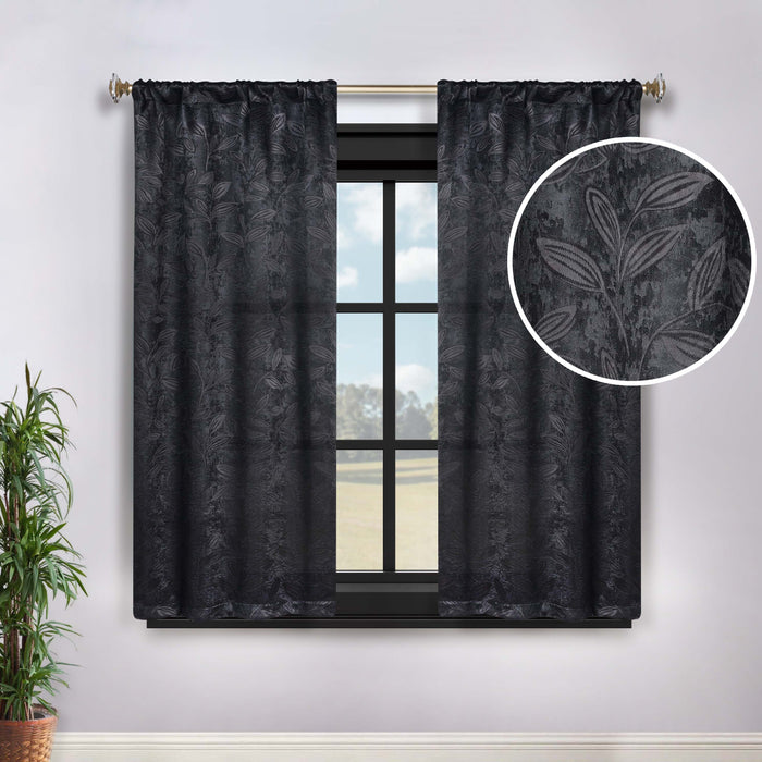 Leaves Rod Pocket Room Darkening Blackout Curtains, Set of 2