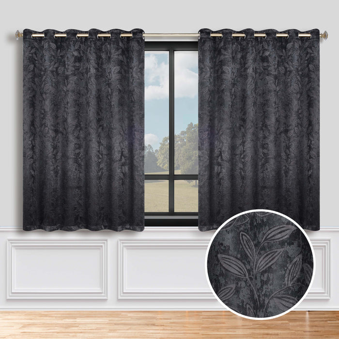 Leaves Grommet Room Darkening Blackout Curtains, Set of 2 - Black