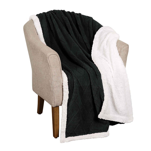 Reversible Jacquard Lattice Fleece Plush Sherpa Blanket - Black