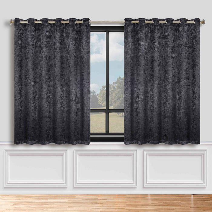 Leaves Grommet Room Darkening Blackout Curtains, Set of 2 - Black