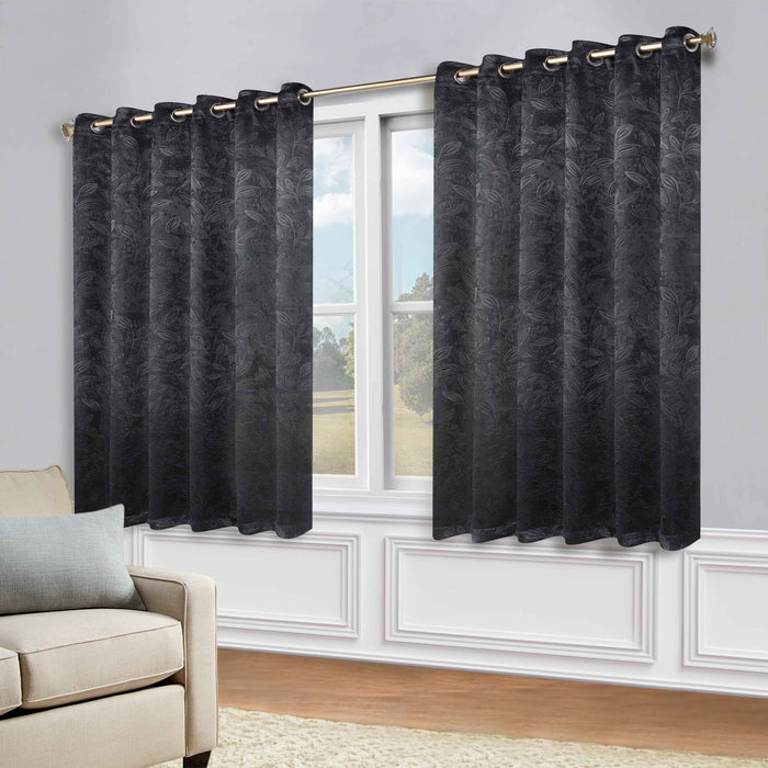 Leaves Grommet Room Darkening Blackout Curtains, Set of 2 - Black